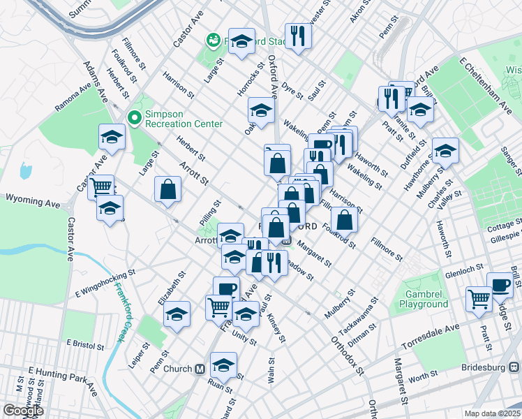 map of restaurants, bars, coffee shops, grocery stores, and more near 4732 Penn Street in Philadelphia
