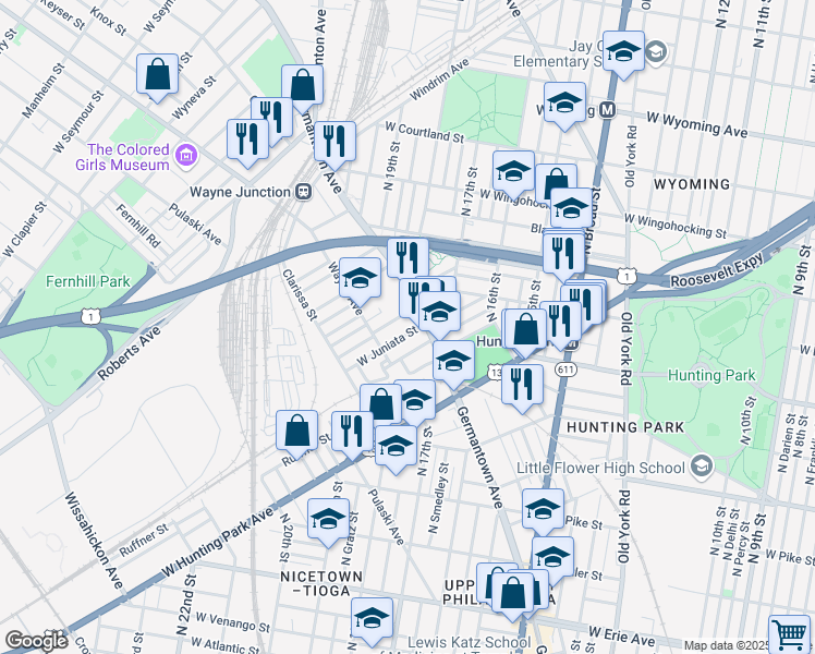 map of restaurants, bars, coffee shops, grocery stores, and more near 1723 West Juniata Street in Philadelphia