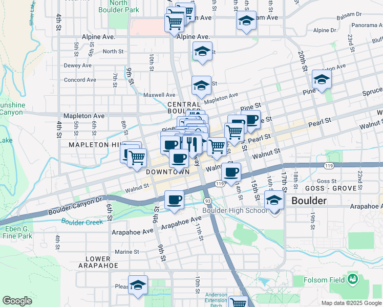 map of restaurants, bars, coffee shops, grocery stores, and more near 2041 Broadway in Boulder