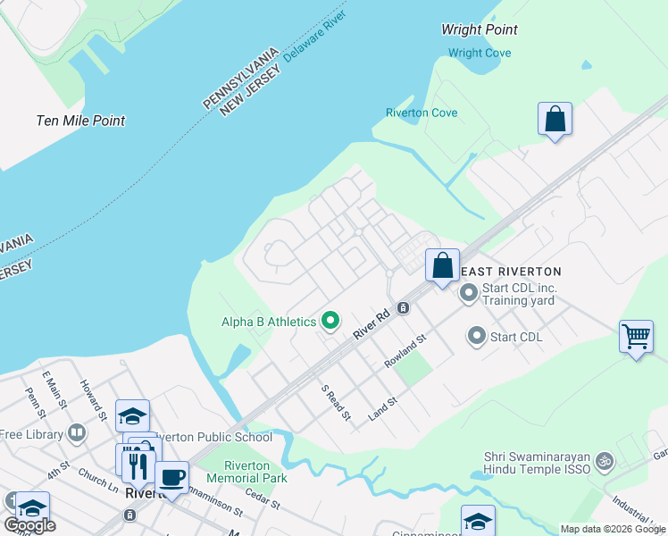 map of restaurants, bars, coffee shops, grocery stores, and more near 198 Camelot Court in Cinnaminson