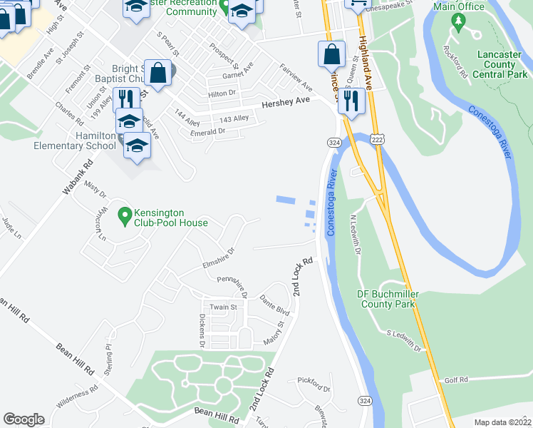 map of restaurants, bars, coffee shops, grocery stores, and more near 414 Elmshire Drive in Lancaster