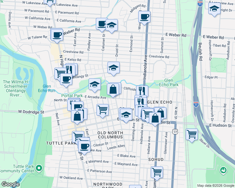 map of restaurants, bars, coffee shops, grocery stores, and more near 2717 Hibbert Avenue in Columbus