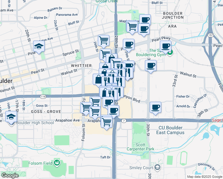 map of restaurants, bars, coffee shops, grocery stores, and more near 1789 28th St in Boulder