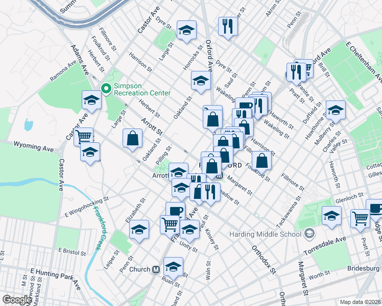 map of restaurants, bars, coffee shops, grocery stores, and more near 4703 Leiper Street in Philadelphia
