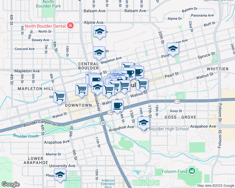map of restaurants, bars, coffee shops, grocery stores, and more near 1406 Pearl Street in Boulder
