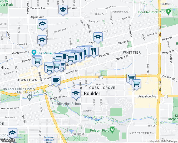 map of restaurants, bars, coffee shops, grocery stores, and more near 1838 18th Street in Boulder