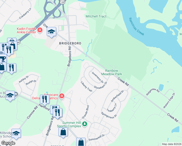 map of restaurants, bars, coffee shops, grocery stores, and more near 64 Stoneham Drive in Delran
