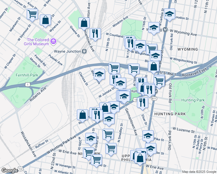 map of restaurants, bars, coffee shops, grocery stores, and more near 1838 Brunner Street in Philadelphia