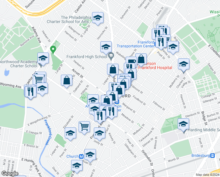 map of restaurants, bars, coffee shops, grocery stores, and more near 4727 Penn Street in Philadelphia