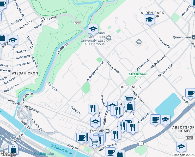 map of restaurants, bars, coffee shops, grocery stores, and more near 3400 West School House Lane in Philadelphia