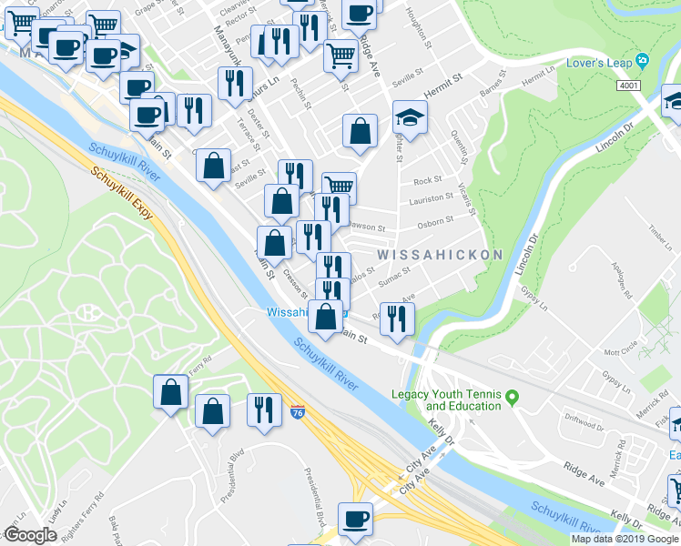 map of restaurants, bars, coffee shops, grocery stores, and more near 116 Osborn Street in Philadelphia