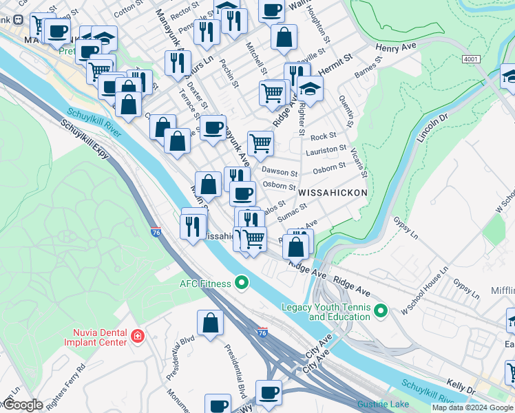 map of restaurants, bars, coffee shops, grocery stores, and more near 116 Osborn Street in Philadelphia