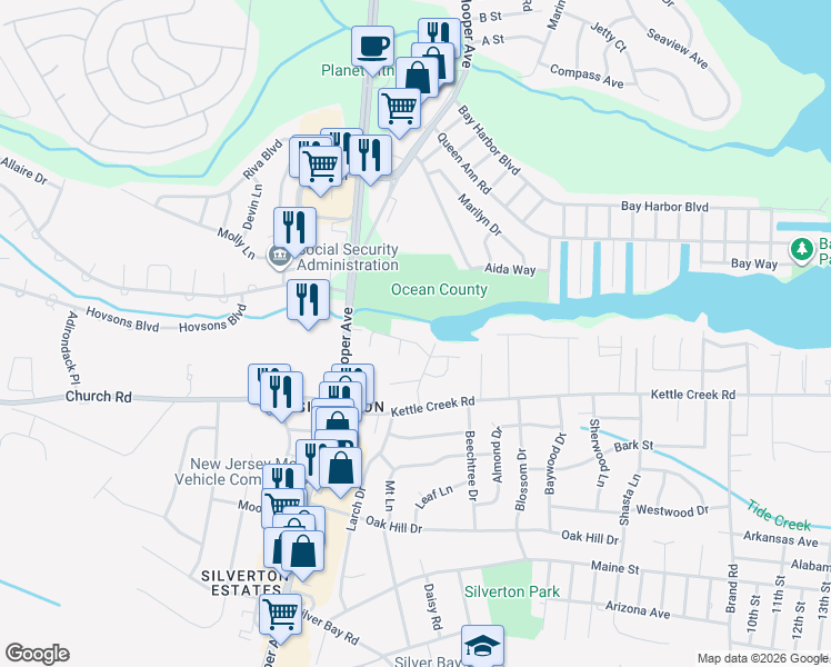 map of restaurants, bars, coffee shops, grocery stores, and more near 26 Reney Street in Toms River