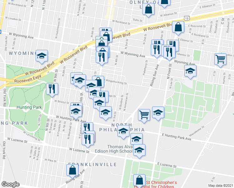 map of restaurants, bars, coffee shops, grocery stores, and more near 4410 North 3rd Street in Philadelphia