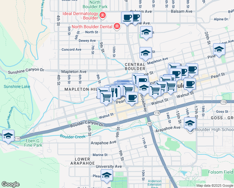 map of restaurants, bars, coffee shops, grocery stores, and more near 934 Spruce Street in Boulder