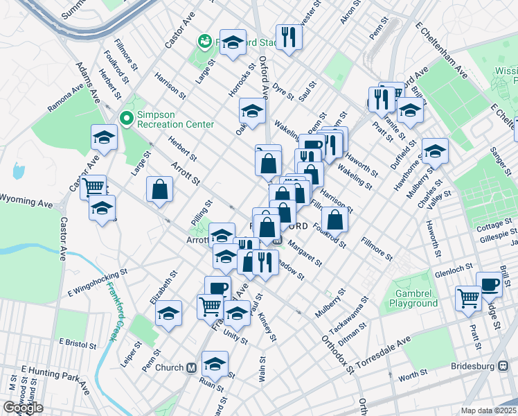map of restaurants, bars, coffee shops, grocery stores, and more near 4727 Penn Street in Philadelphia
