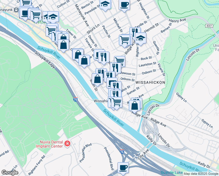 map of restaurants, bars, coffee shops, grocery stores, and more near 5150 Ridge Avenue in Philadelphia