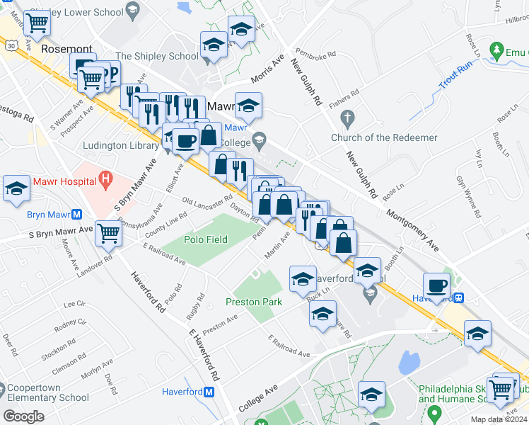 map of restaurants, bars, coffee shops, grocery stores, and more near 608 Lancaster Avenue in Bryn Mawr