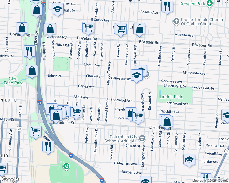 map of restaurants, bars, coffee shops, grocery stores, and more near 2579 Howey Road in Columbus