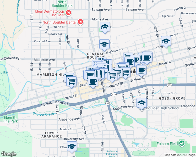map of restaurants, bars, coffee shops, grocery stores, and more near 2041 Broadway in Boulder