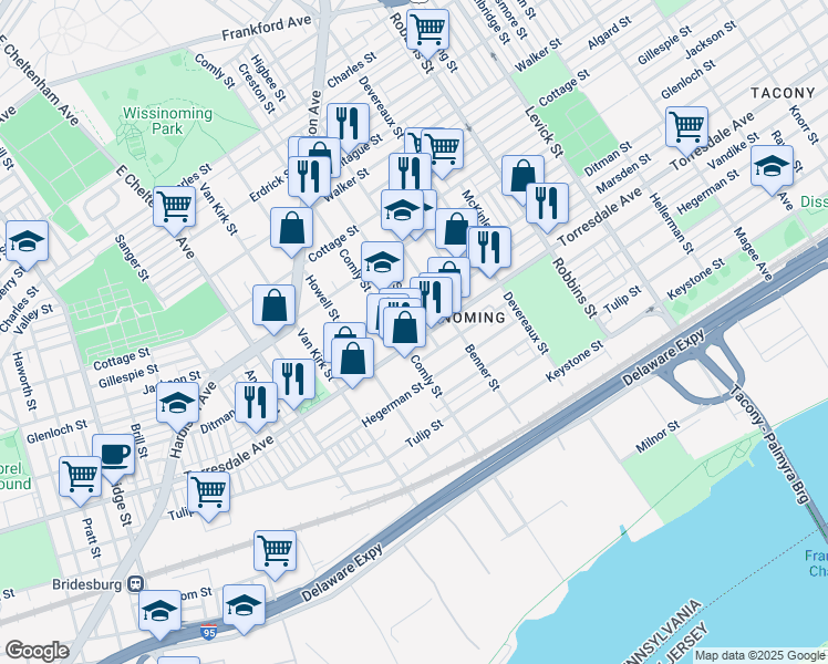 map of restaurants, bars, coffee shops, grocery stores, and more near 4627 Higbee Street in Philadelphia