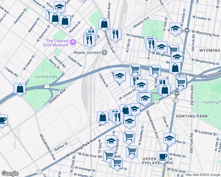 map of restaurants, bars, coffee shops, grocery stores, and more near 1952 Dalkeith Street in Philadelphia