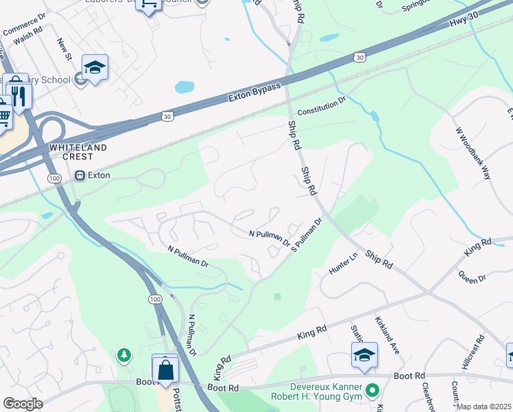 map of restaurants, bars, coffee shops, grocery stores, and more near 732 Chessie Court in West Chester