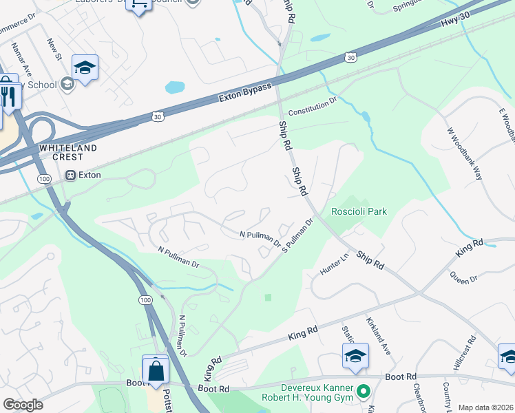 map of restaurants, bars, coffee shops, grocery stores, and more near 395 Lynetree Drive in West Chester