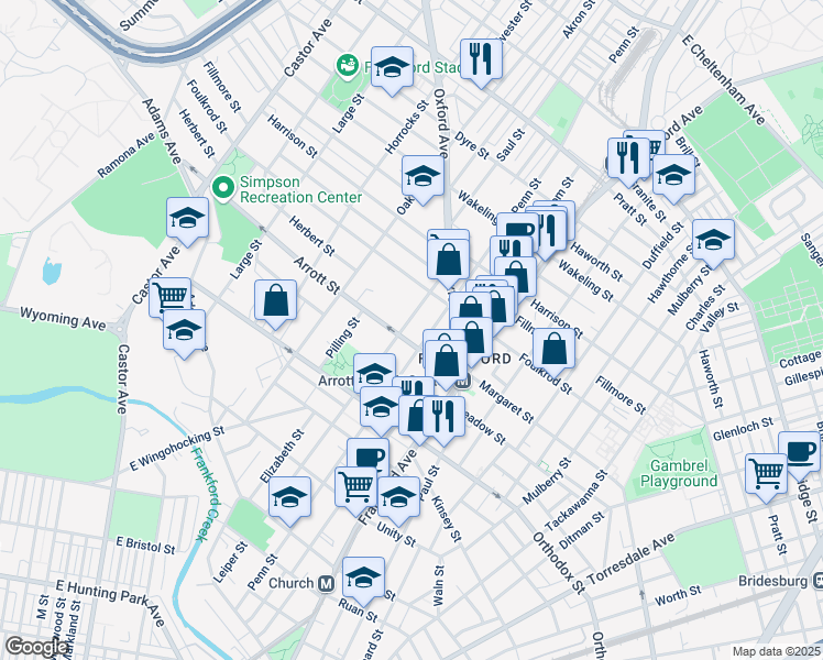 map of restaurants, bars, coffee shops, grocery stores, and more near 4709 Leiper Street in Philadelphia