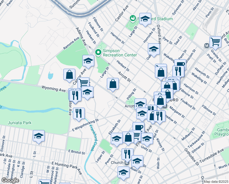 map of restaurants, bars, coffee shops, grocery stores, and more near 4613 Horrocks Street in Philadelphia
