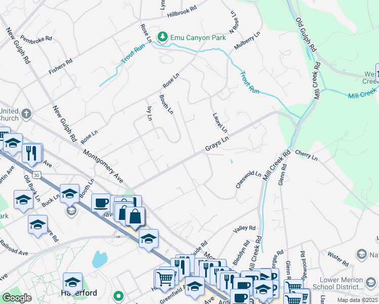 map of restaurants, bars, coffee shops, grocery stores, and more near 218 Grays Lane in Haverford