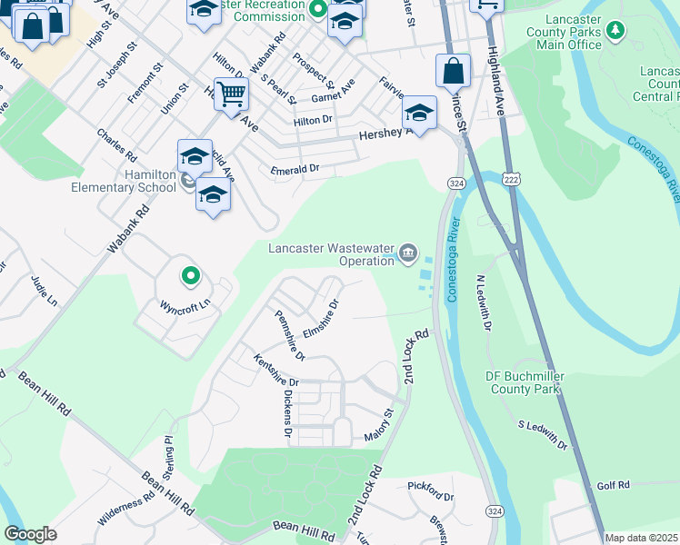 map of restaurants, bars, coffee shops, grocery stores, and more near 346 Yorkshire Drive in Lancaster