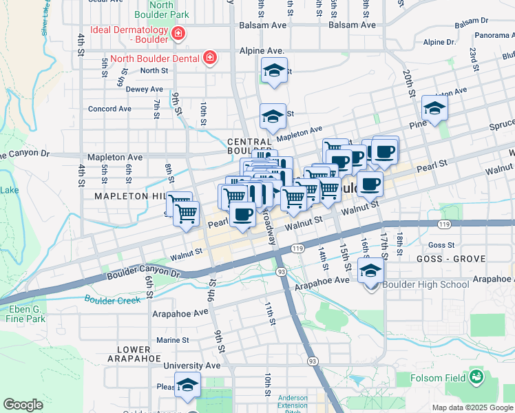 map of restaurants, bars, coffee shops, grocery stores, and more near 2041 Broadway in Boulder