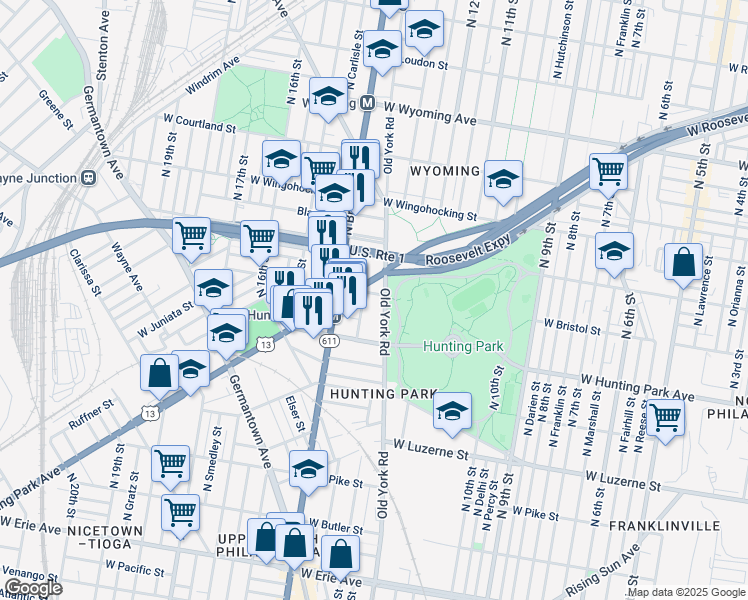 map of restaurants, bars, coffee shops, grocery stores, and more near 1312 West Bristol Street in Philadelphia
