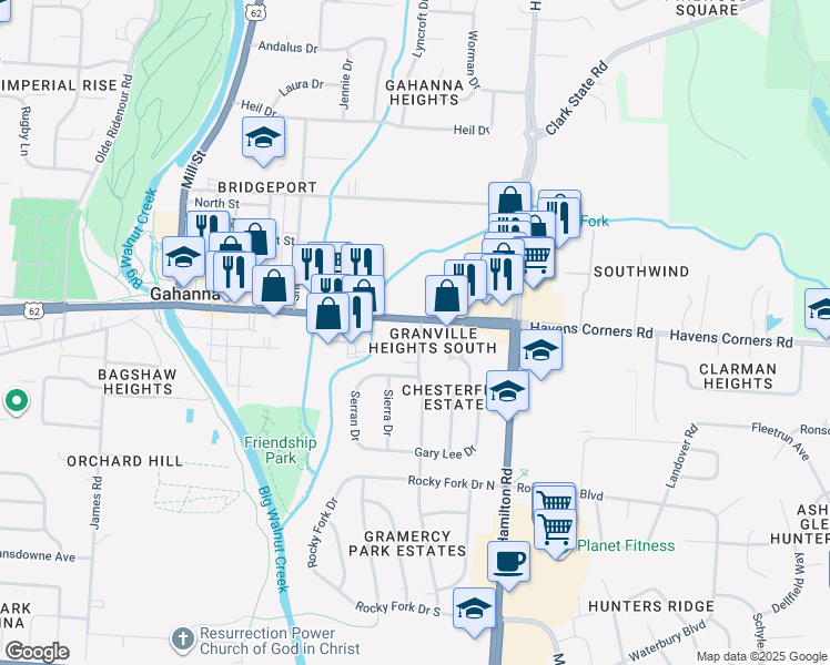 map of restaurants, bars, coffee shops, grocery stores, and more near 309 Granville Street in Gahanna