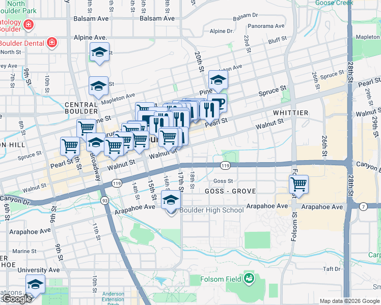 map of restaurants, bars, coffee shops, grocery stores, and more near 1845 18th Street in Boulder