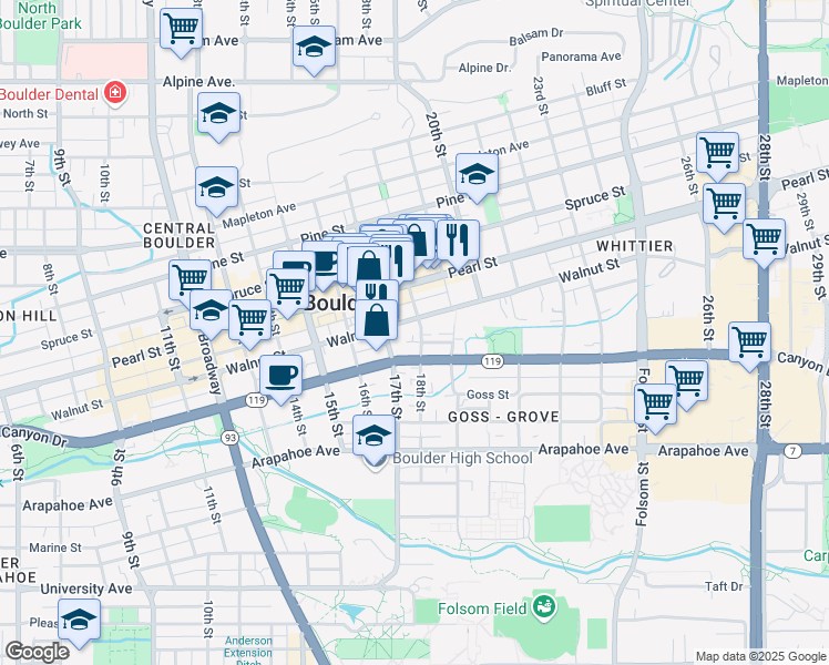 map of restaurants, bars, coffee shops, grocery stores, and more near 1804 Walnut Street in Boulder