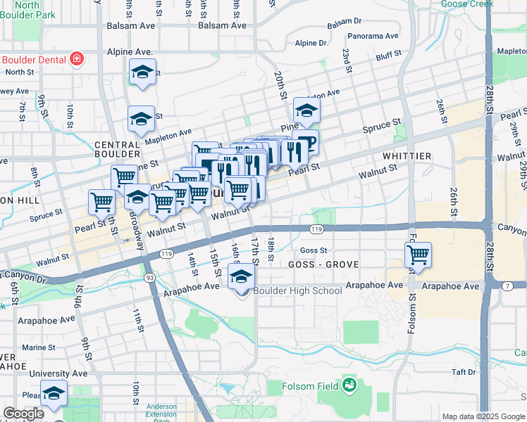 map of restaurants, bars, coffee shops, grocery stores, and more near 1804 Walnut Street in Boulder