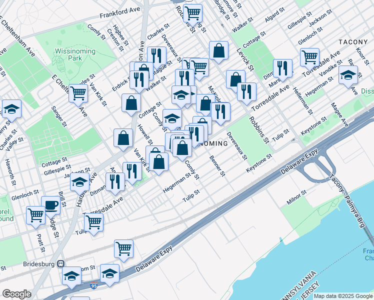 map of restaurants, bars, coffee shops, grocery stores, and more near 4627 Higbee Street in Philadelphia