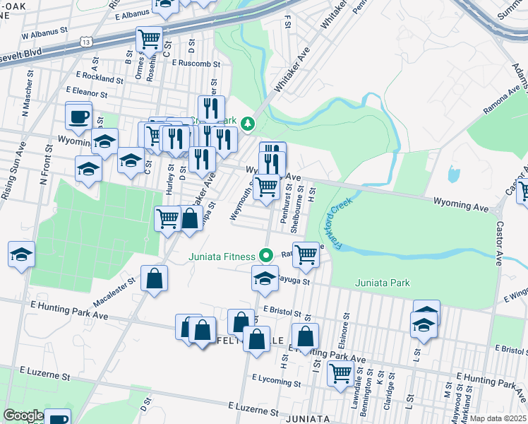 map of restaurants, bars, coffee shops, grocery stores, and more near 648 East Courtland Street in Philadelphia