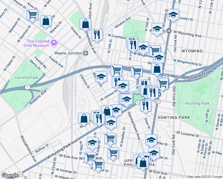 map of restaurants, bars, coffee shops, grocery stores, and more near 1832 Brunner Street in Philadelphia