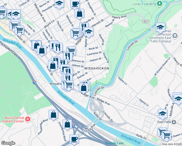 map of restaurants, bars, coffee shops, grocery stores, and more near 163 Sumac Street in Philadelphia