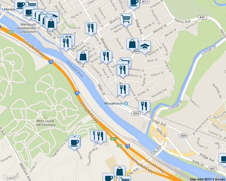 map of restaurants, bars, coffee shops, grocery stores, and more near 139 Vassar Street in Philadelphia