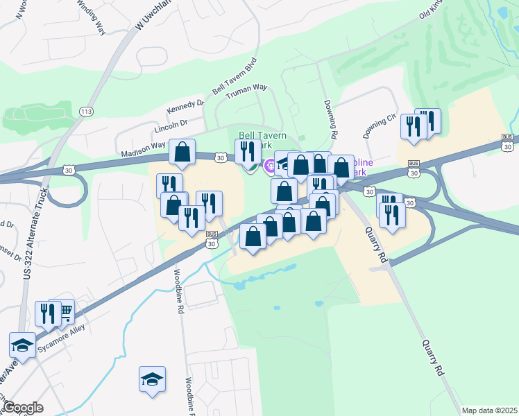 map of restaurants, bars, coffee shops, grocery stores, and more near 971 East Lancaster Avenue in Downingtown