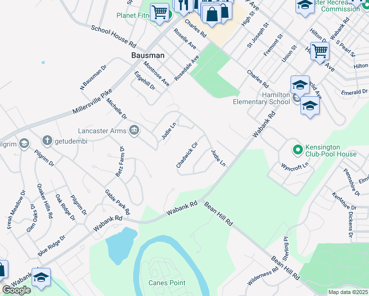 map of restaurants, bars, coffee shops, grocery stores, and more near 1613 Chadwick Circle in Lancaster