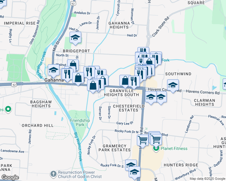 map of restaurants, bars, coffee shops, grocery stores, and more near 309-311 Granville Street in Gahanna