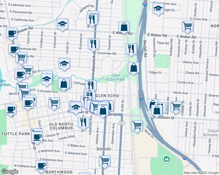map of restaurants, bars, coffee shops, grocery stores, and more near 469 Cliffside Drive in Columbus