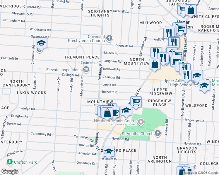 map of restaurants, bars, coffee shops, grocery stores, and more near 2096 Jervis Road in Columbus