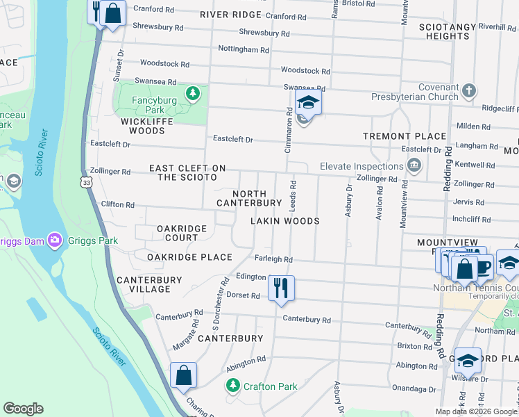 map of restaurants, bars, coffee shops, grocery stores, and more near 3133 South Dorchester Road in Upper Arlington