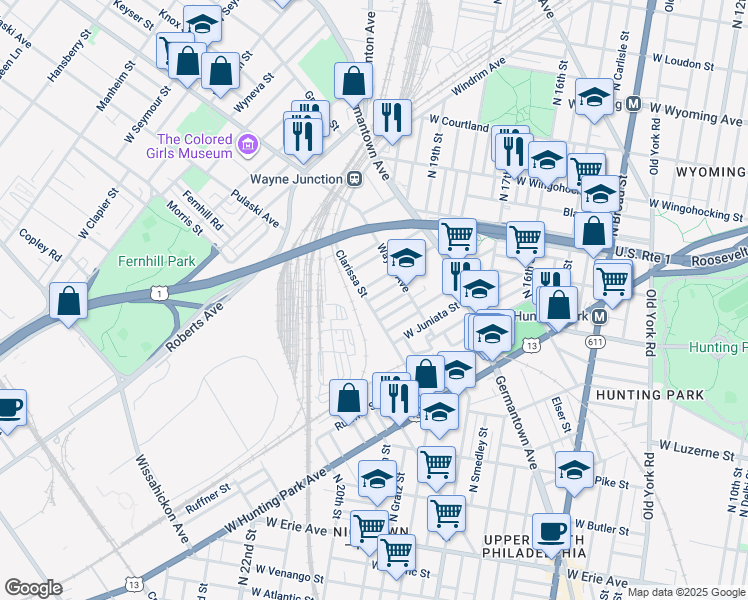map of restaurants, bars, coffee shops, grocery stores, and more near 1952 Dalkeith Street in Philadelphia